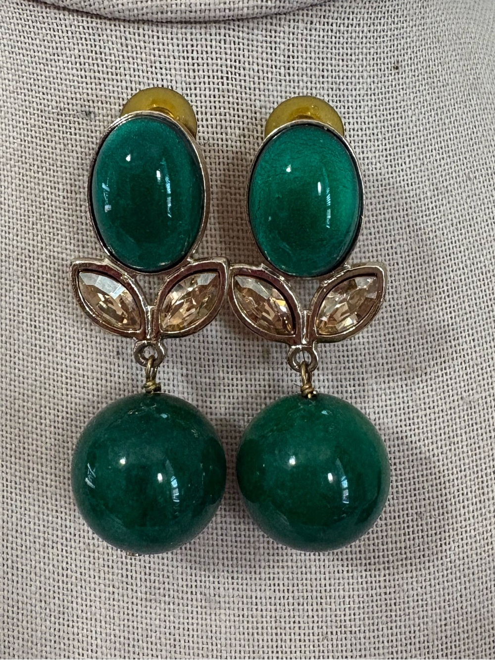 Phillip Ferrandis earrings dangle goldtone clip on rhinestone green cabochon 2”